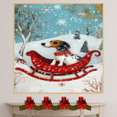 Dachshund in Red Sleigh Winter Forest Scene Whimsical Christmas Dog Wall Art, Holiday Pet Illustration, Cozy Festive Decor or Gift for Dog Lovers on Ready to Hang 1.5" Thick Canvas Wrap, Floating Framed Canvas, Flat Rolled Canvas